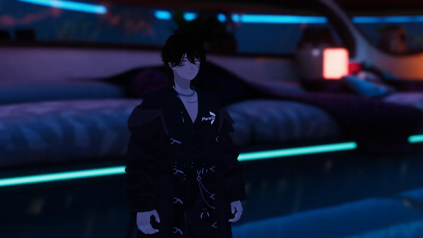 A player in a lounge world lit in blue and orange