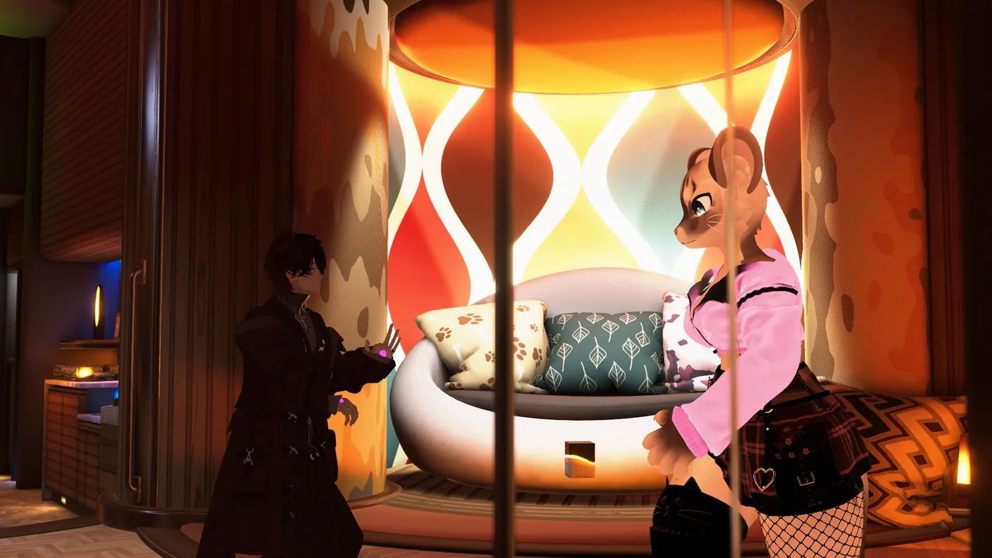 Two players talking in a warm lounge world