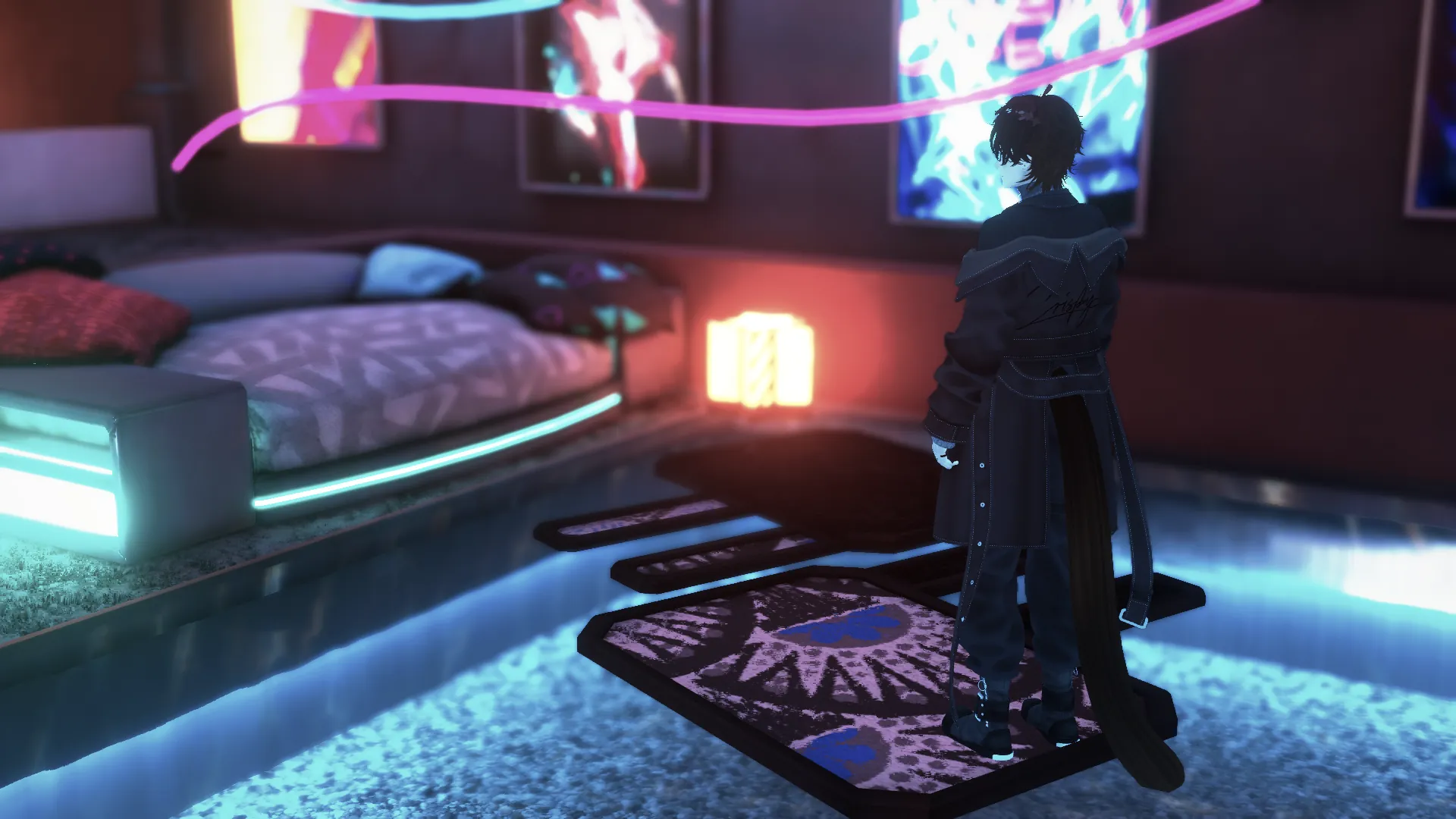 A player standing in a neon-lit bedroom world in ParelVR