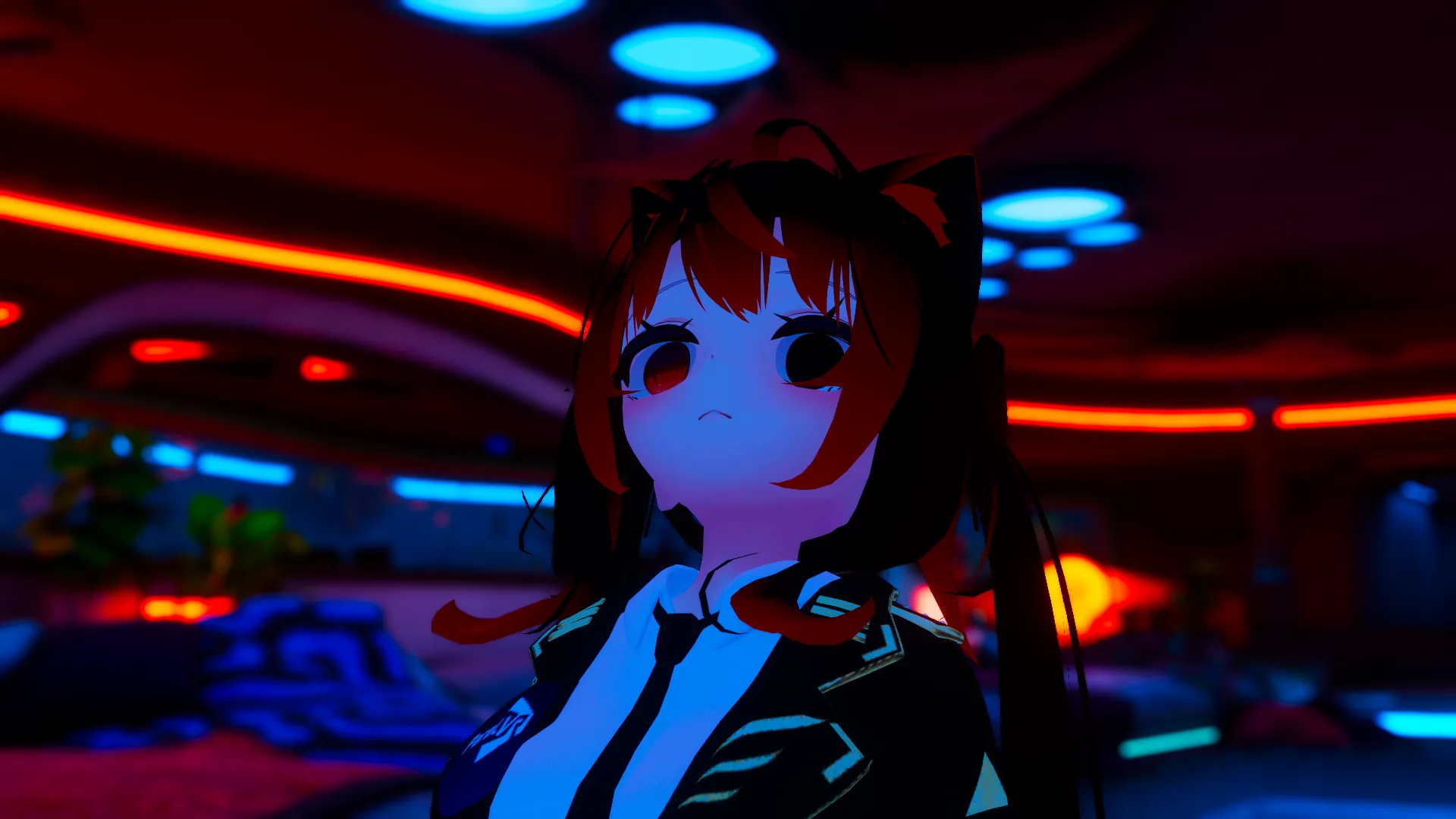 A player in a red and blue neon lounge world