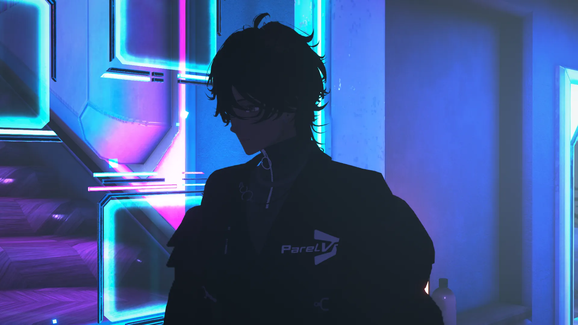 A player in a ParelVR jacket standing under neon lights