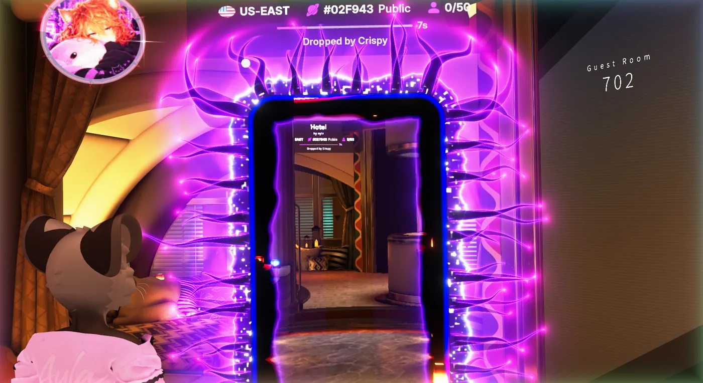 A portal in a hotel world showing a live view of another world